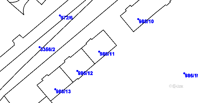 Parcela st. 986/11 v KÚ Pelhřimov, Katastrální mapa