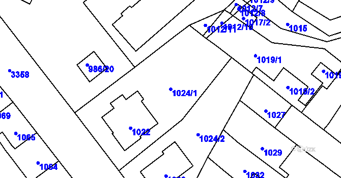 Parcela st. 1024/1 v KÚ Pelhřimov, Katastrální mapa