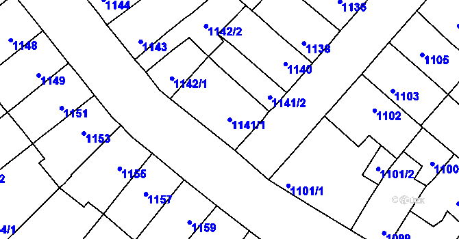 Parcela st. 1141/1 v KÚ Pelhřimov, Katastrální mapa