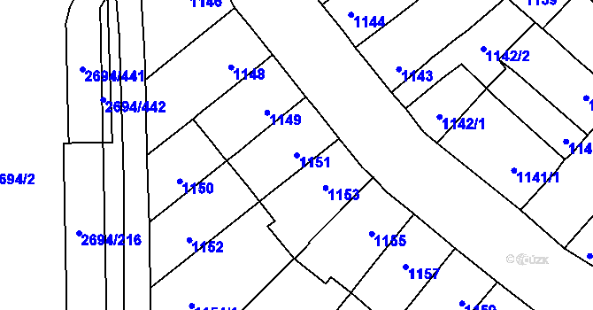 Parcela st. 1151 v KÚ Pelhřimov, Katastrální mapa