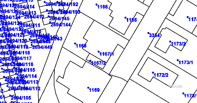 Parcela st. 1167/1 v KÚ Pelhřimov, Katastrální mapa