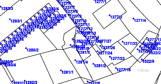 Parcela st. 1281/3 v KÚ Pelhřimov, Katastrální mapa