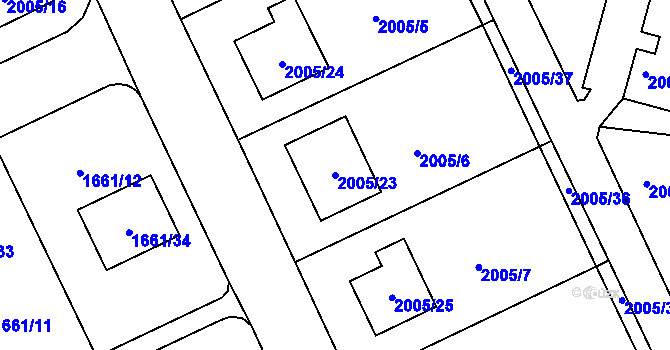 Parcela st. 2005/23 v KÚ Pelhřimov, Katastrální mapa