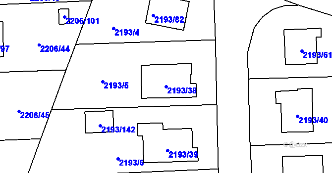Parcela st. 2193/38 v KÚ Pelhřimov, Katastrální mapa
