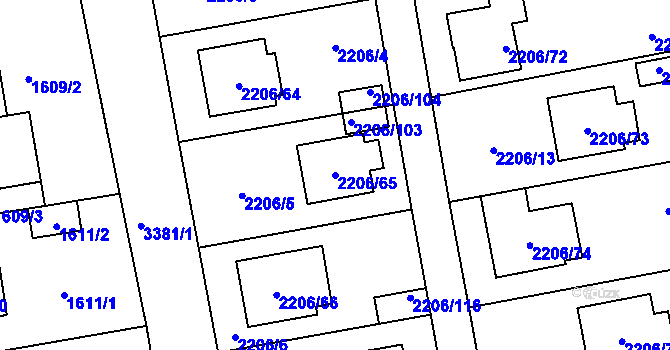 Parcela st. 2206/65 v KÚ Pelhřimov, Katastrální mapa