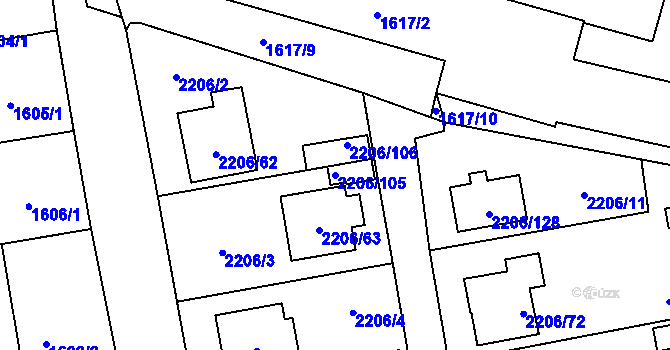 Parcela st. 2206/105 v KÚ Pelhřimov, Katastrální mapa