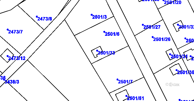 Parcela st. 2501/33 v KÚ Pelhřimov, Katastrální mapa