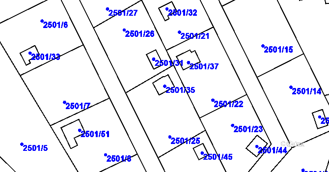 Parcela st. 2501/35 v KÚ Pelhřimov, Katastrální mapa