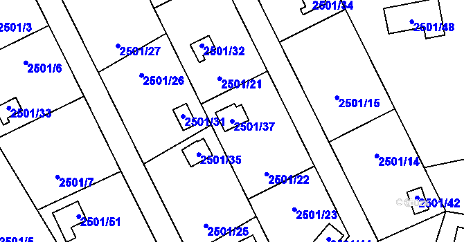 Parcela st. 2501/37 v KÚ Pelhřimov, Katastrální mapa