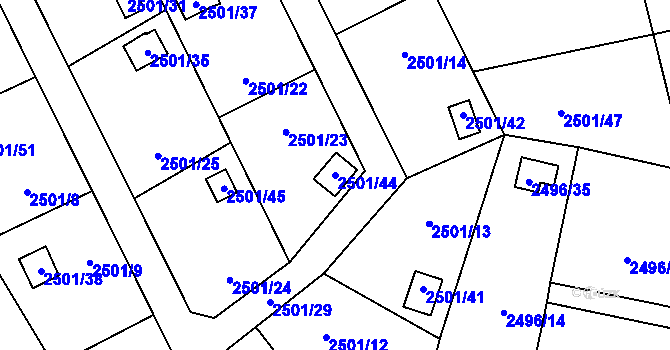 Parcela st. 2501/44 v KÚ Pelhřimov, Katastrální mapa
