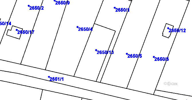 Parcela st. 2650/13 v KÚ Pelhřimov, Katastrální mapa