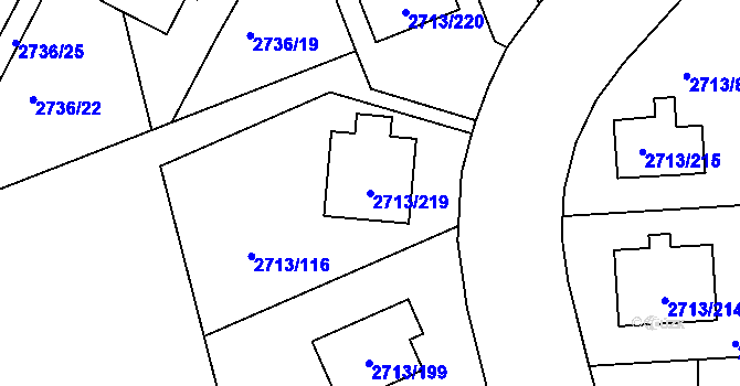 Parcela st. 2713/219 v KÚ Pelhřimov, Katastrální mapa
