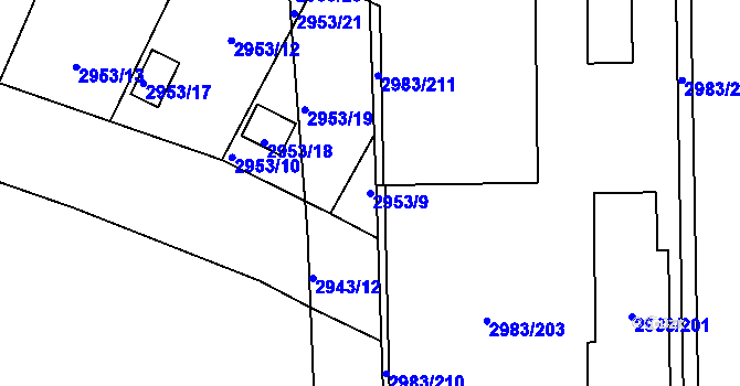 Parcela st. 2953/9 v KÚ Pelhřimov, Katastrální mapa