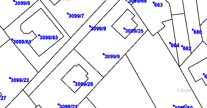 Parcela st. 3099/9 v KÚ Pelhřimov, Katastrální mapa