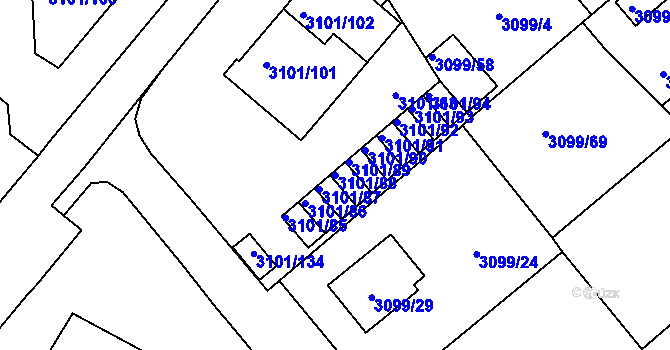 Parcela st. 3101/88 v KÚ Pelhřimov, Katastrální mapa