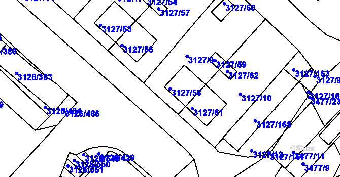 Parcela st. 3127/58 v KÚ Pelhřimov, Katastrální mapa