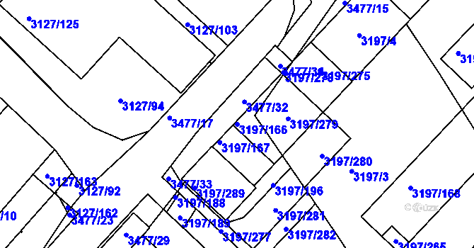 Parcela st. 3197/166 v KÚ Pelhřimov, Katastrální mapa