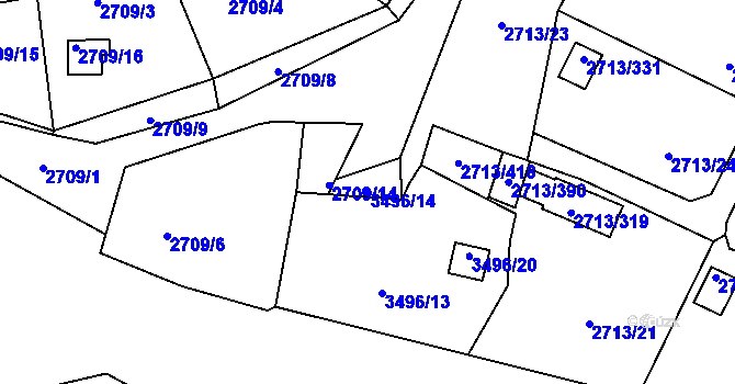 Parcela st. 3496/14 v KÚ Pelhřimov, Katastrální mapa