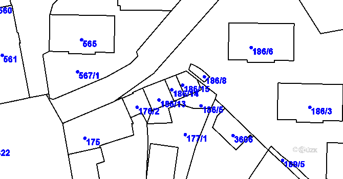 Parcela st. 186/14 v KÚ Pelhřimov, Katastrální mapa