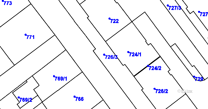 Parcela st. 726/3 v KÚ Pelhřimov, Katastrální mapa