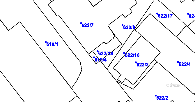 Parcela st. 622/14 v KÚ Pelhřimov, Katastrální mapa