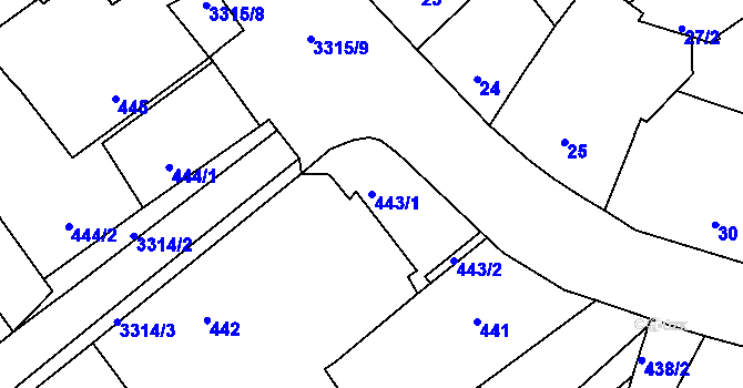 Parcela st. 443/1 v KÚ Pelhřimov, Katastrální mapa
