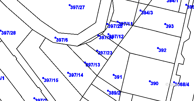 Parcela st. 397/23 v KÚ Pelhřimov, Katastrální mapa