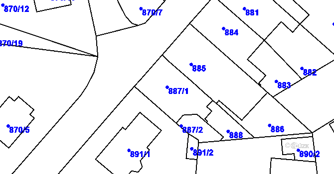 Parcela st. 887/1 v KÚ Pelhřimov, Katastrální mapa