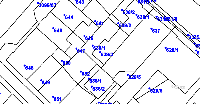 Parcela st. 639/3 v KÚ Pelhřimov, Katastrální mapa