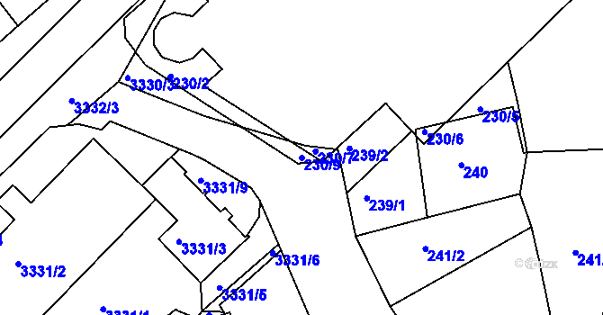 Parcela st. 230/9 v KÚ Pelhřimov, Katastrální mapa