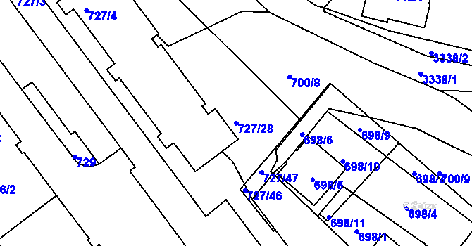 Parcela st. 727/28 v KÚ Pelhřimov, Katastrální mapa