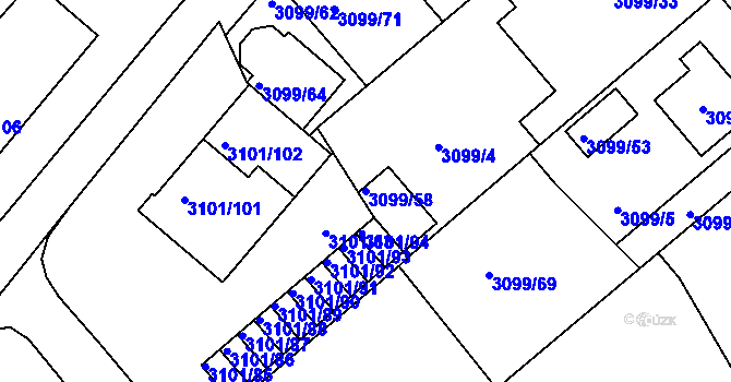 Parcela st. 3099/58 v KÚ Pelhřimov, Katastrální mapa