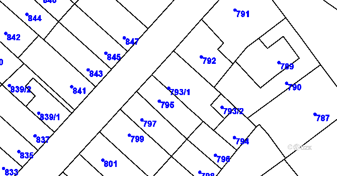 Parcela st. 793/1 v KÚ Pelhřimov, Katastrální mapa