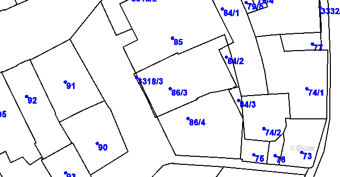 Parcela st. 86/3 v KÚ Pelhřimov, Katastrální mapa