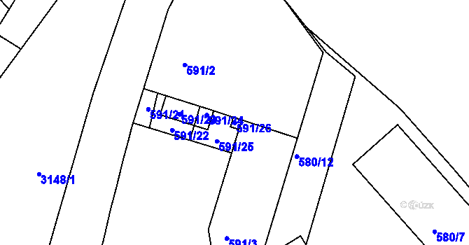 Parcela st. 591/26 v KÚ Pelhřimov, Katastrální mapa
