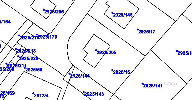 Parcela st. 2925/205 v KÚ Pelhřimov, Katastrální mapa