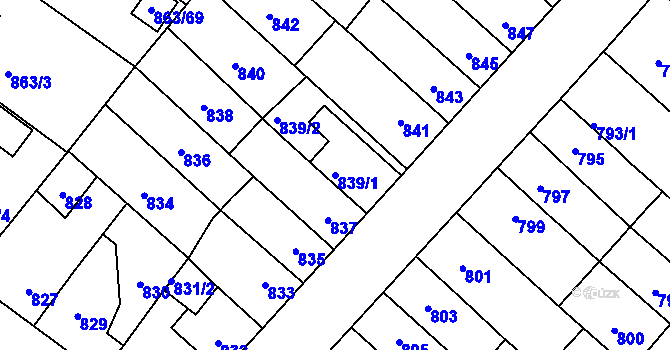 Parcela st. 839/1 v KÚ Pelhřimov, Katastrální mapa
