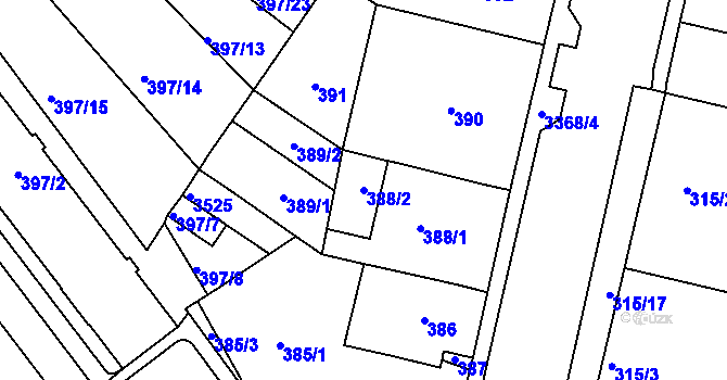Parcela st. 388/2 v KÚ Pelhřimov, Katastrální mapa