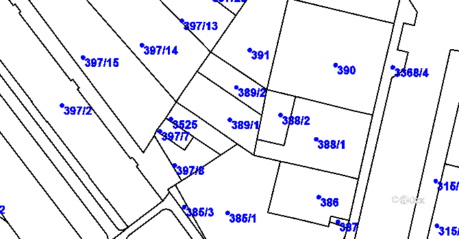Parcela st. 389/1 v KÚ Pelhřimov, Katastrální mapa