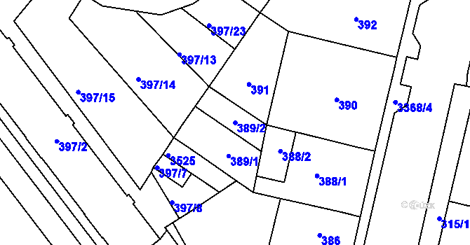 Parcela st. 389/2 v KÚ Pelhřimov, Katastrální mapa