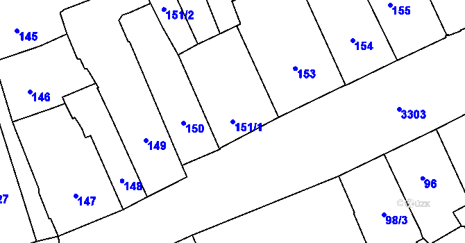 Parcela st. 151/1 v KÚ Pelhřimov, Katastrální mapa