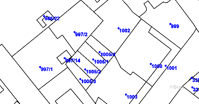 Parcela st. 1005/4 v KÚ Pelhřimov, Katastrální mapa