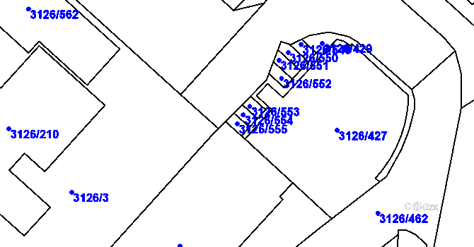 Parcela st. 3126/555 v KÚ Pelhřimov, Katastrální mapa