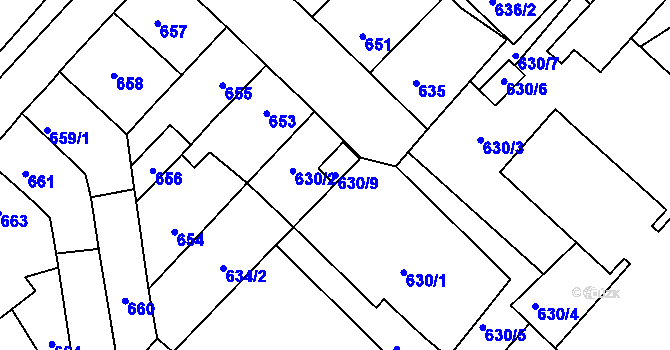 Parcela st. 630/9 v KÚ Pelhřimov, Katastrální mapa