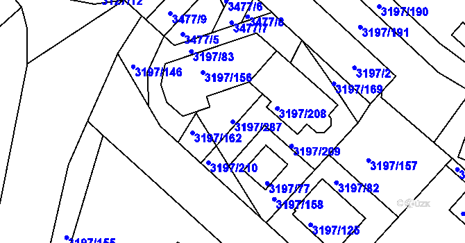 Parcela st. 3197/287 v KÚ Pelhřimov, Katastrální mapa