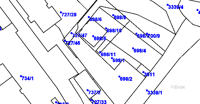 Parcela st. 698/11 v KÚ Pelhřimov, Katastrální mapa