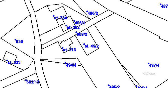 Parcela st. 45/2 v KÚ Huť, Katastrální mapa