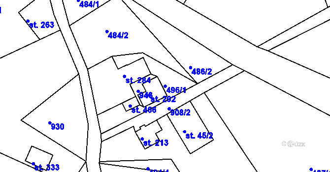 Parcela st. 496/1 v KÚ Huť, Katastrální mapa