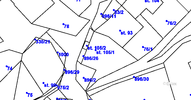 Parcela st. 105/1 v KÚ Zderaz, Katastrální mapa