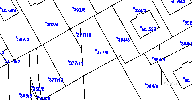 Parcela st. 377/9 v KÚ Peruc, Katastrální mapa
